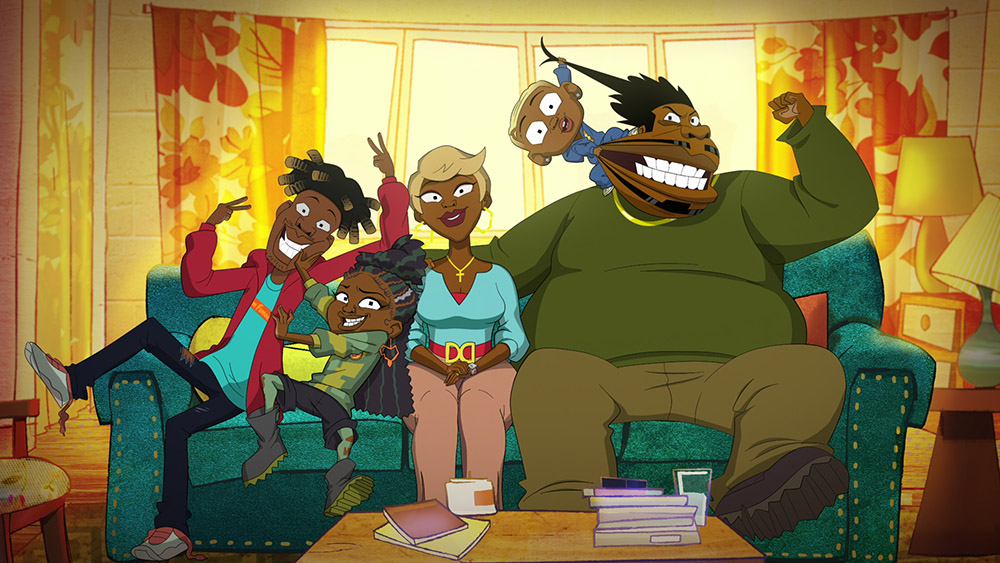 In this still from the 'Good Times' animated series, a Black family of five sits on a teal couch in the living room and poses for a family photo. The mom (short blond hair) smiles nicely in the center of the photo while her adolescent son and daughter playfully jostle one another to her right. Her husband takes up all of the other half of the couch as their baby pulls his hair and cheek.