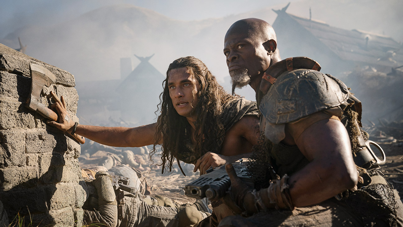 Staz Nair as Tarak and Djimon Hounsou as General Titus in Rebel Moon — Part Two: The Scargiver.